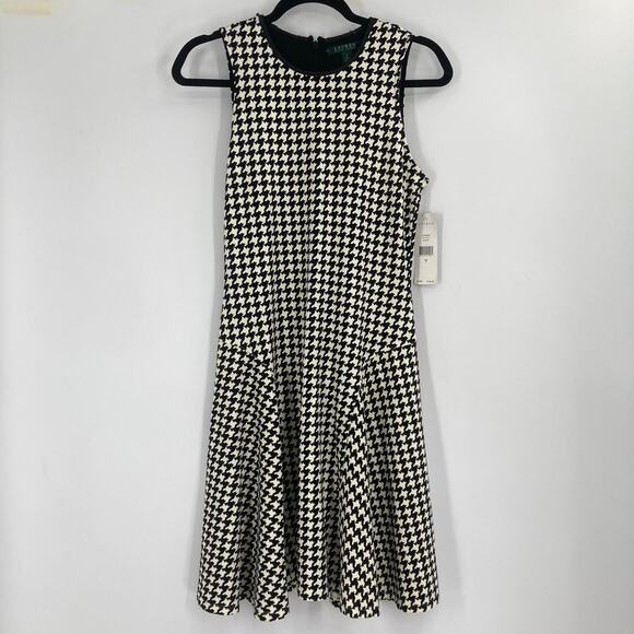 Lauren Ralph Lauren Houndstooth Black White Fit Flare Dress Small NEW AS IS - Picture 1 of 8